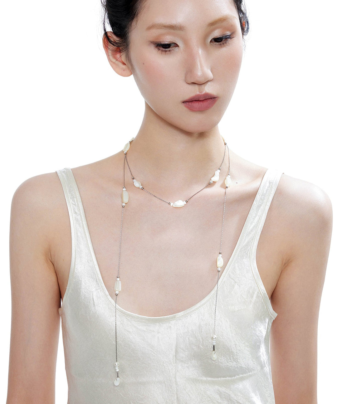 Chic Beige Asymmetric Pearl Double Chain Alloy Necklace