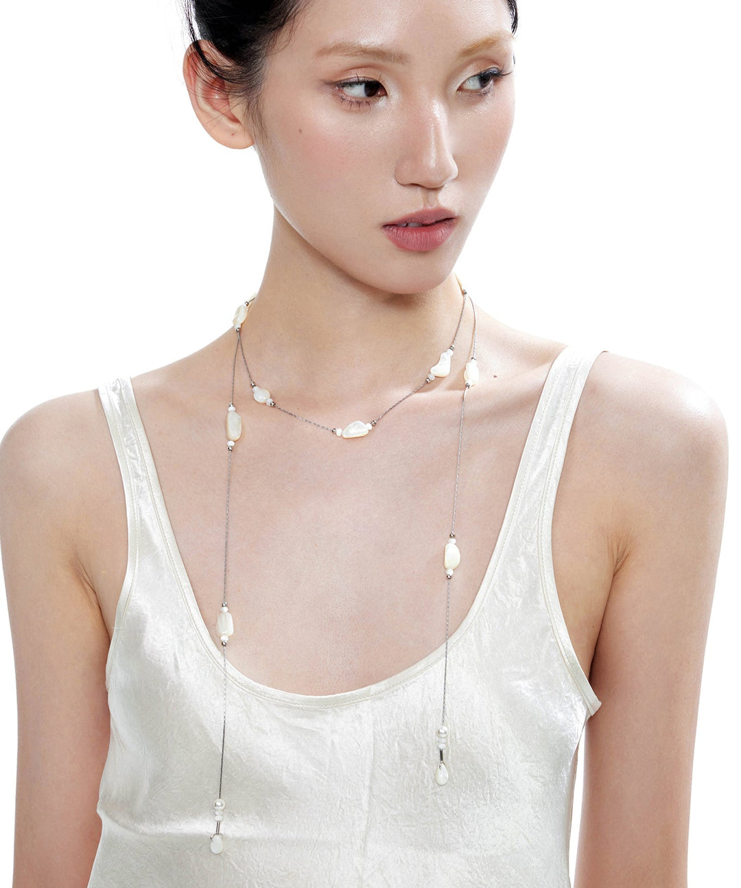 Chic Beige Asymmetric Pearl Double Chain Alloy Necklace