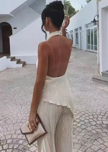 Chic Beige Asymmetrical Cold Shoulder Women Sets 2 Pieces Summer