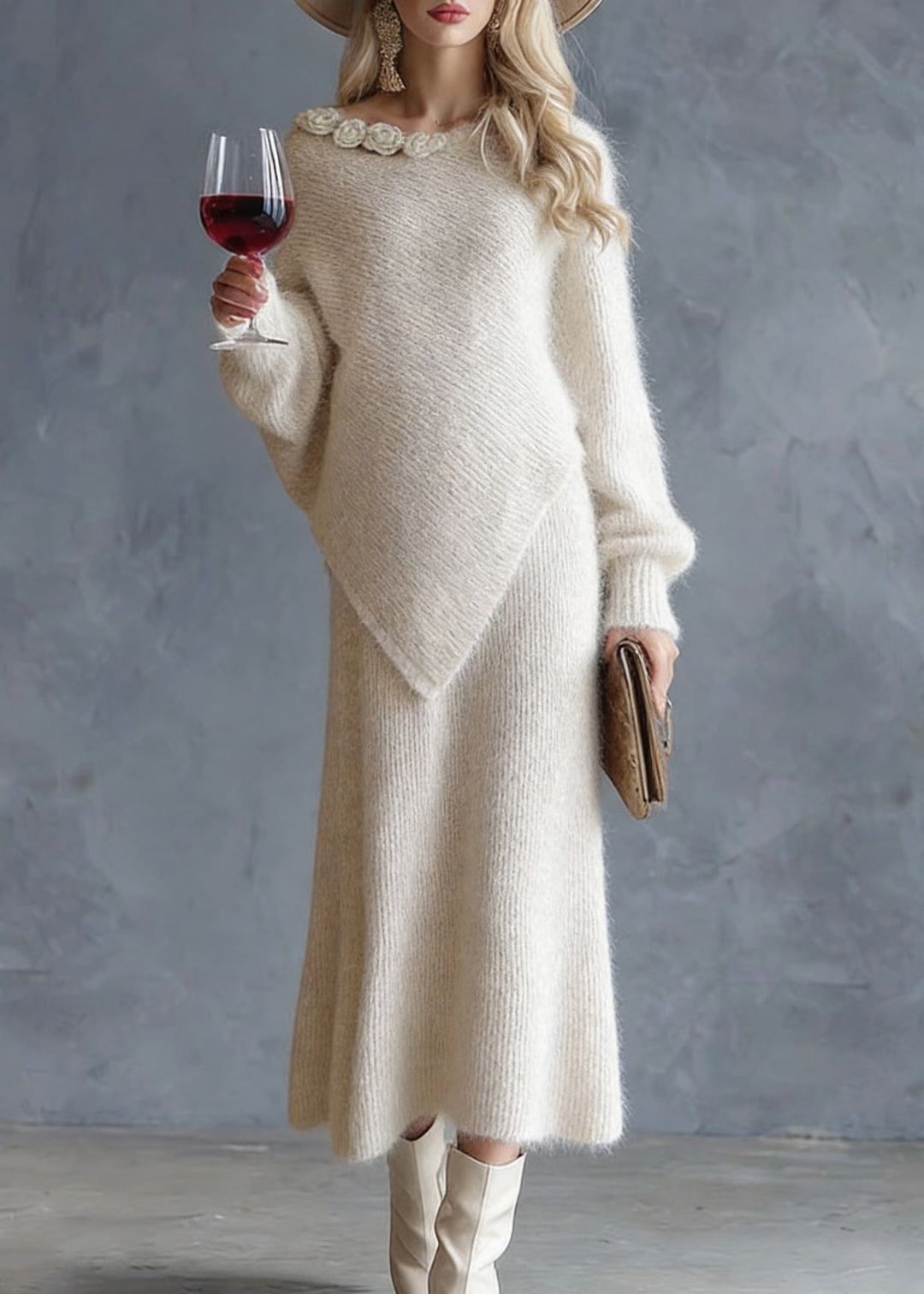 Chic Beige Asymmetrical Floral Cotton Knit Sweaters And Maxi Skirts Two Pieces Set Spring - Omychic