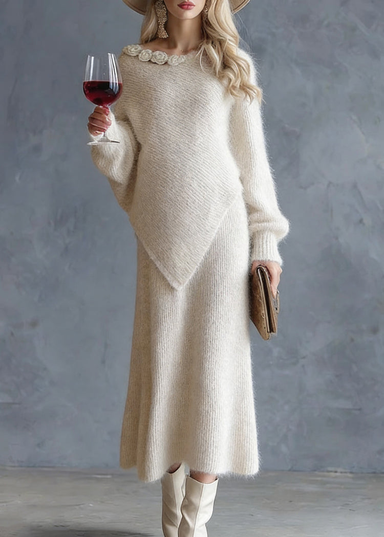 Chic Beige Asymmetrical Floral Cotton Knit Sweaters And Maxi Skirts Two Pieces Set Spring - Omychic