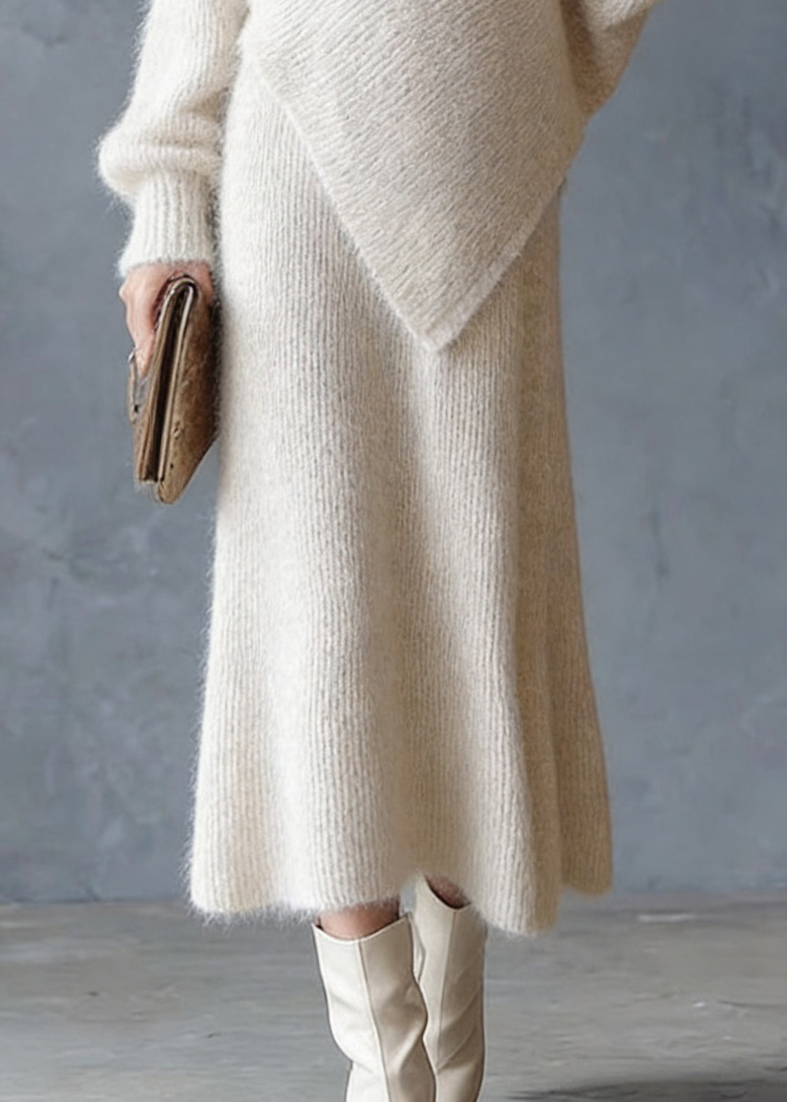 Chic Beige Asymmetrical Floral Cotton Knit Sweaters And Maxi Skirts Two Pieces Set Spring - Omychic