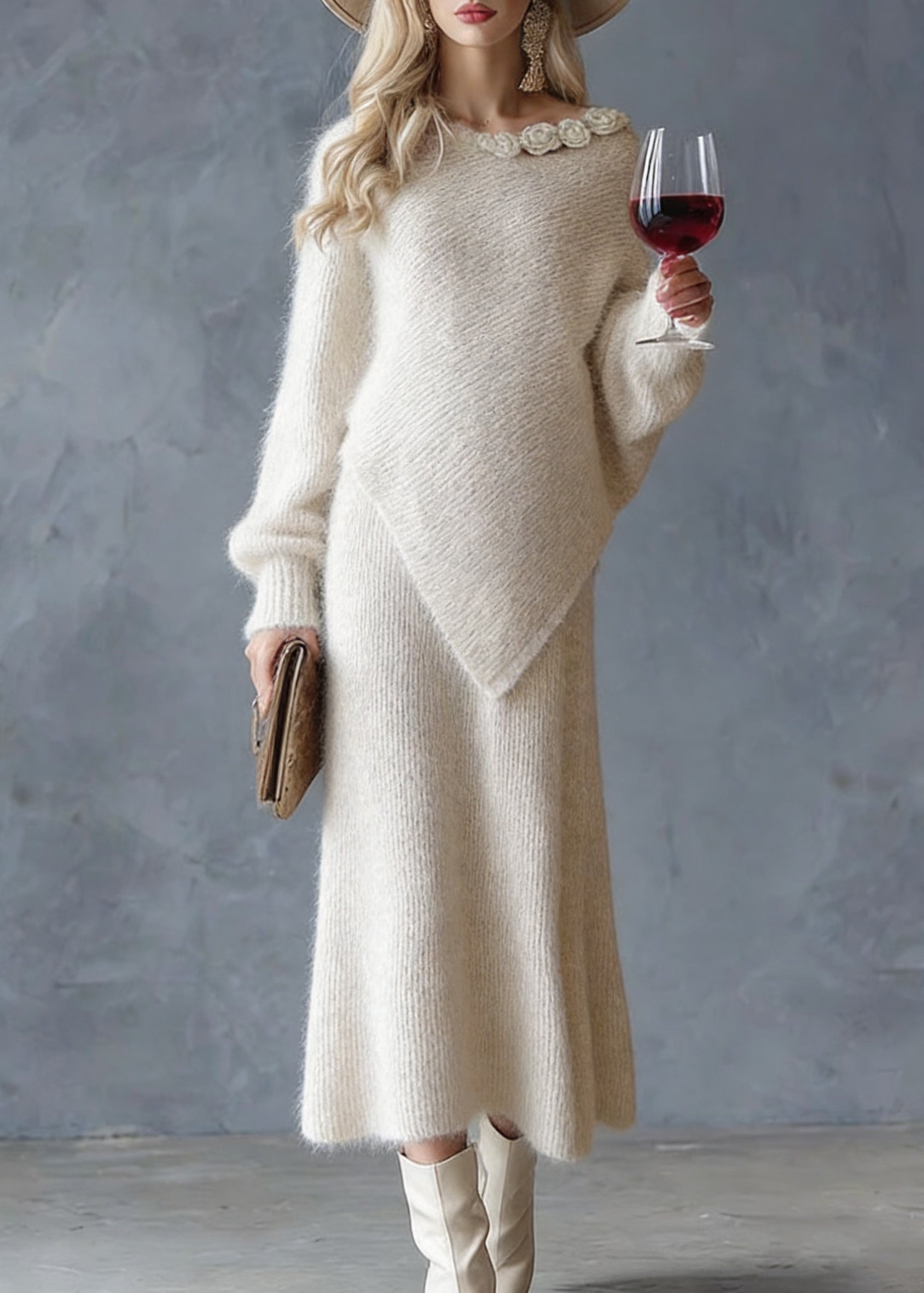 Chic Beige Asymmetrical Floral Cotton Knit Sweaters And Maxi Skirts Two Pieces Set Spring - Omychic