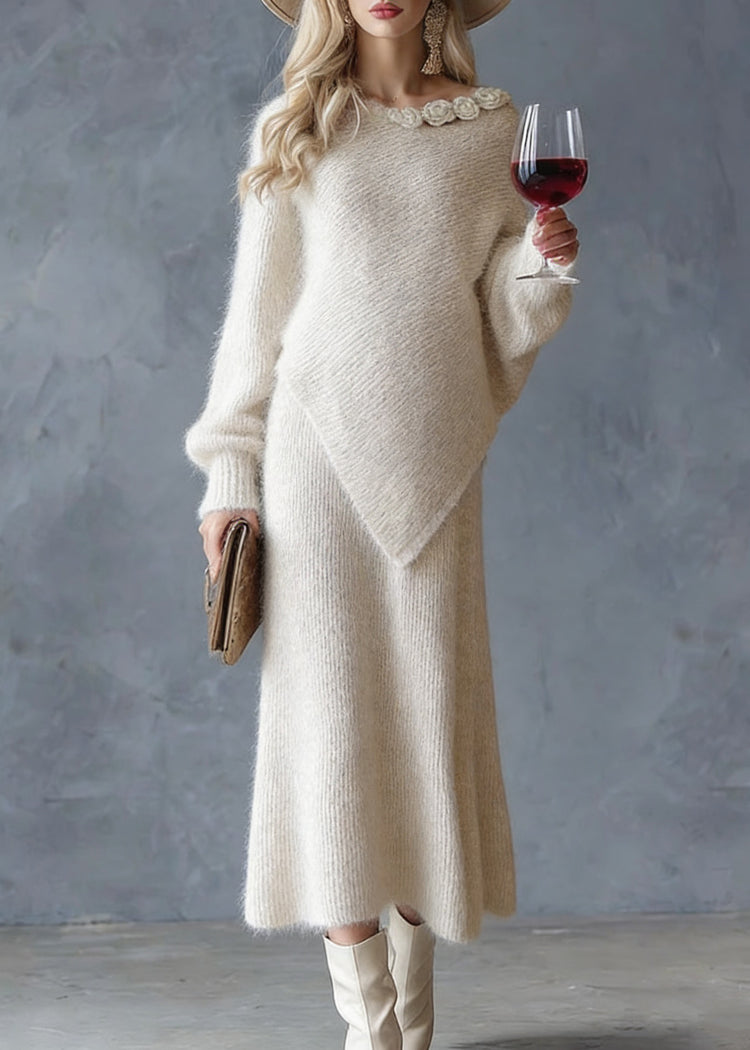 Chic Beige Asymmetrical Floral Cotton Knit Sweaters And Maxi Skirts Two Pieces Set Spring - Omychic