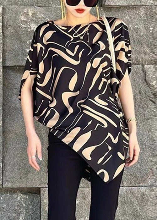 Chic Beige Asymmetrical Print Cotton Blouse Tops Summer