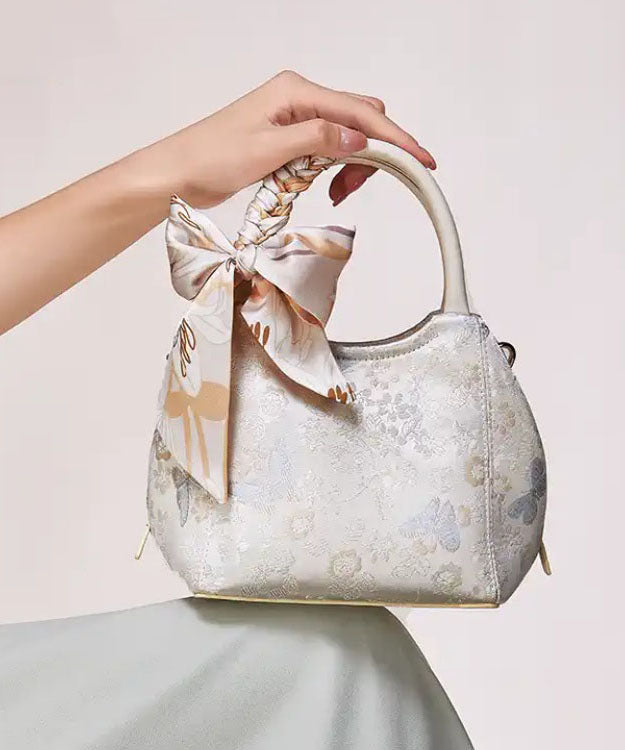 Chic Beige Bow Jacquard Cotton Tote Bag