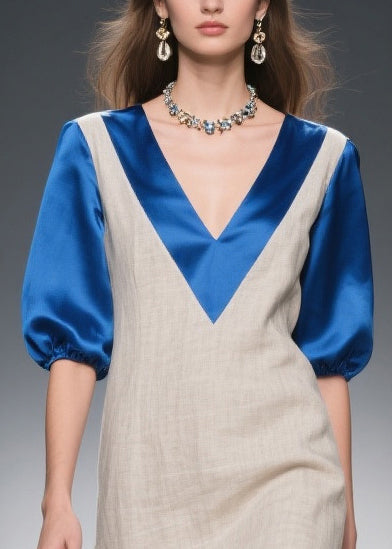 Chic Beige Double-V Neck Patchwork Linen Silk Long Dresses Summer