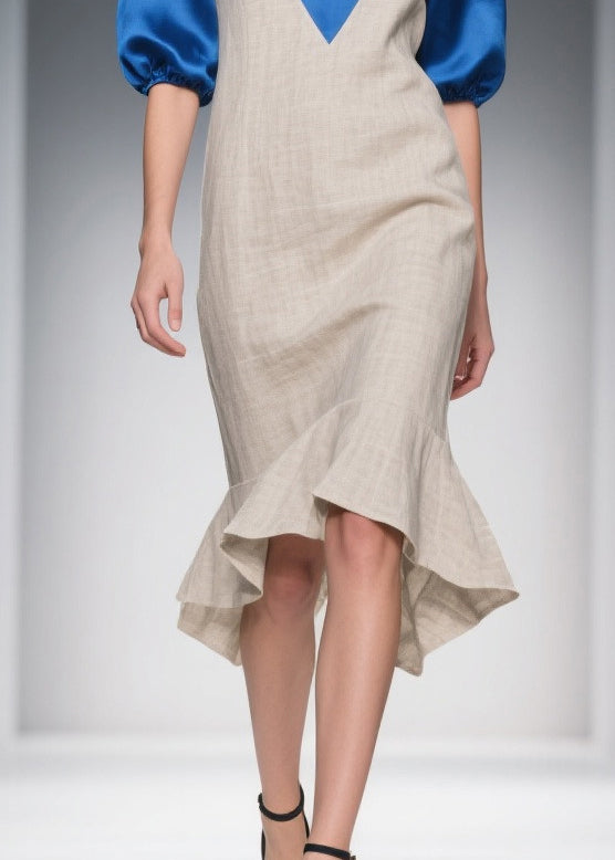 Chic Beige Double-V Neck Patchwork Linen Silk Long Dresses Summer