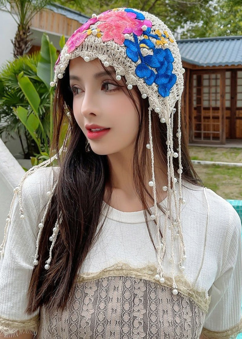 Chic Beige Embroidered Pearl Tasseled Knit Boonie Hat