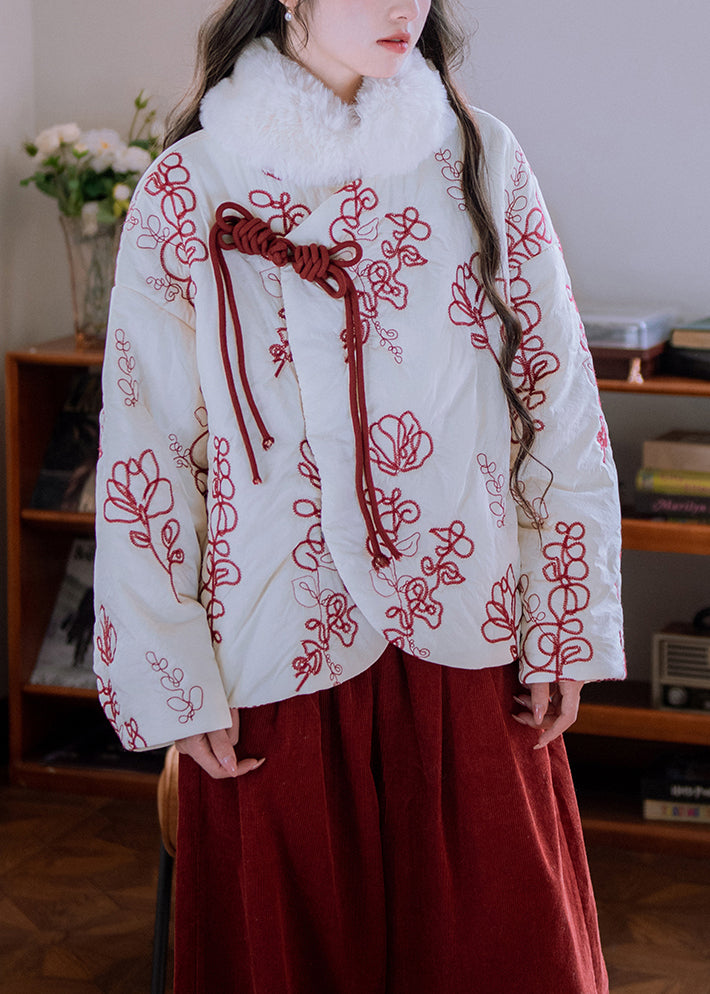 Chic Beige Fur Collar Embroidered Chinese Button Cotton Filled Parka Winter