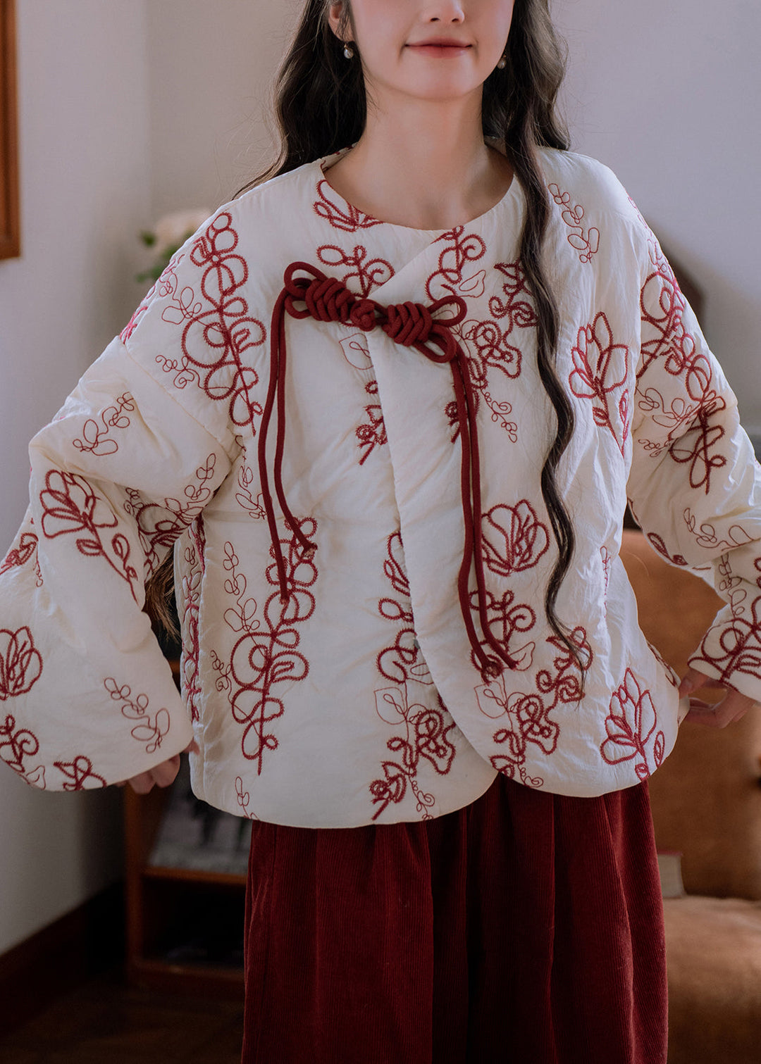 Chic Beige Fur Collar Embroidered Chinese Button Cotton Filled Parka Winter