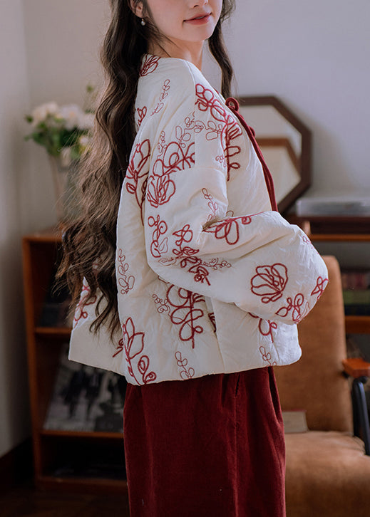 Chic Beige Fur Collar Embroidered Chinese Button Cotton Filled Parka Winter