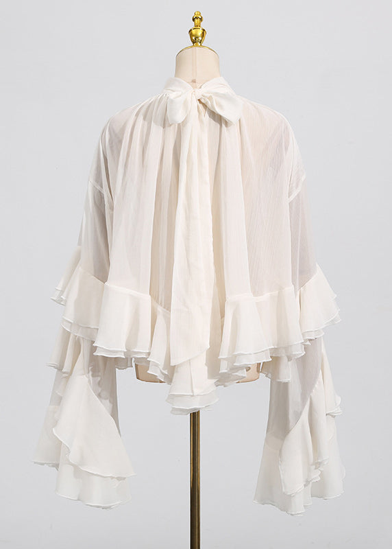 Chic Beige Hign Neck Ruffled Patchwork Chiffon Tops Flare Sleeve