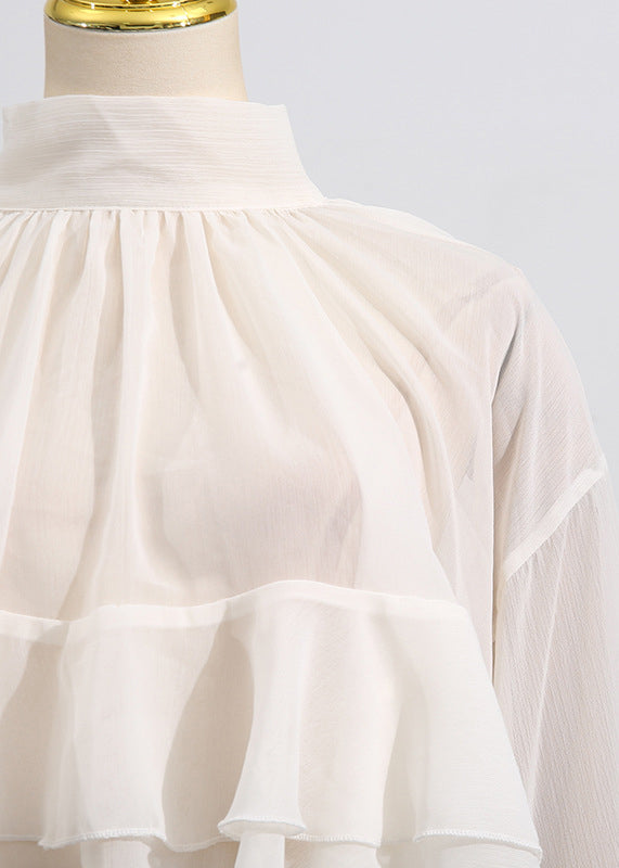 Chic Beige Hign Neck Ruffled Patchwork Chiffon Tops Flare Sleeve