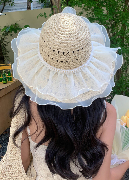 Chic Beige Hollow Out Lace Straw Woven Floppy Sun Hat