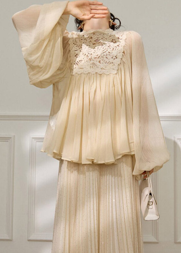 Chic Beige Lace Patchwork Top And A Line Skirts Two Pieces Set Spring