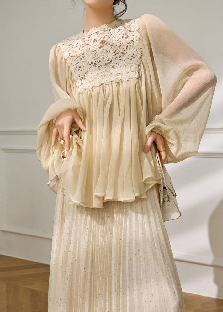 Chic Beige Lace Patchwork Top And A Line Skirts Two Pieces Set Spring