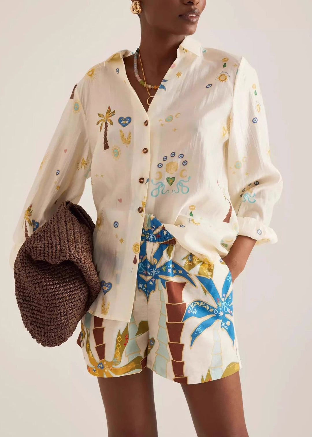 Chic Beige Oversized Print Cotton Two Pieces Set Summer