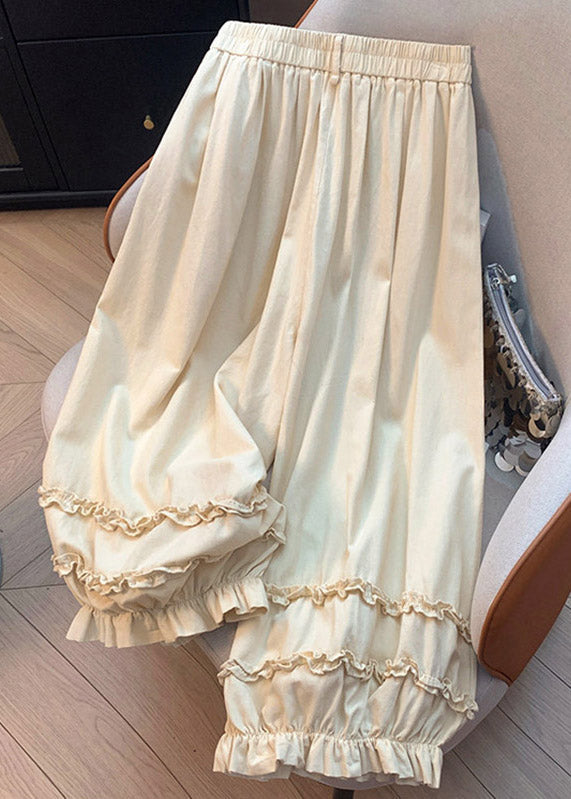 Chic Beige Ruffled Patchwork Wide Leg Pants Summer