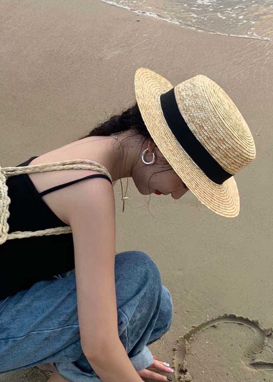 Chic Beige Straw Woven Patchwork Floppy Sun Hat