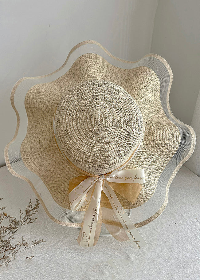 Chic Beige Tulle Bow Straw Woven Floppy Sun Hat