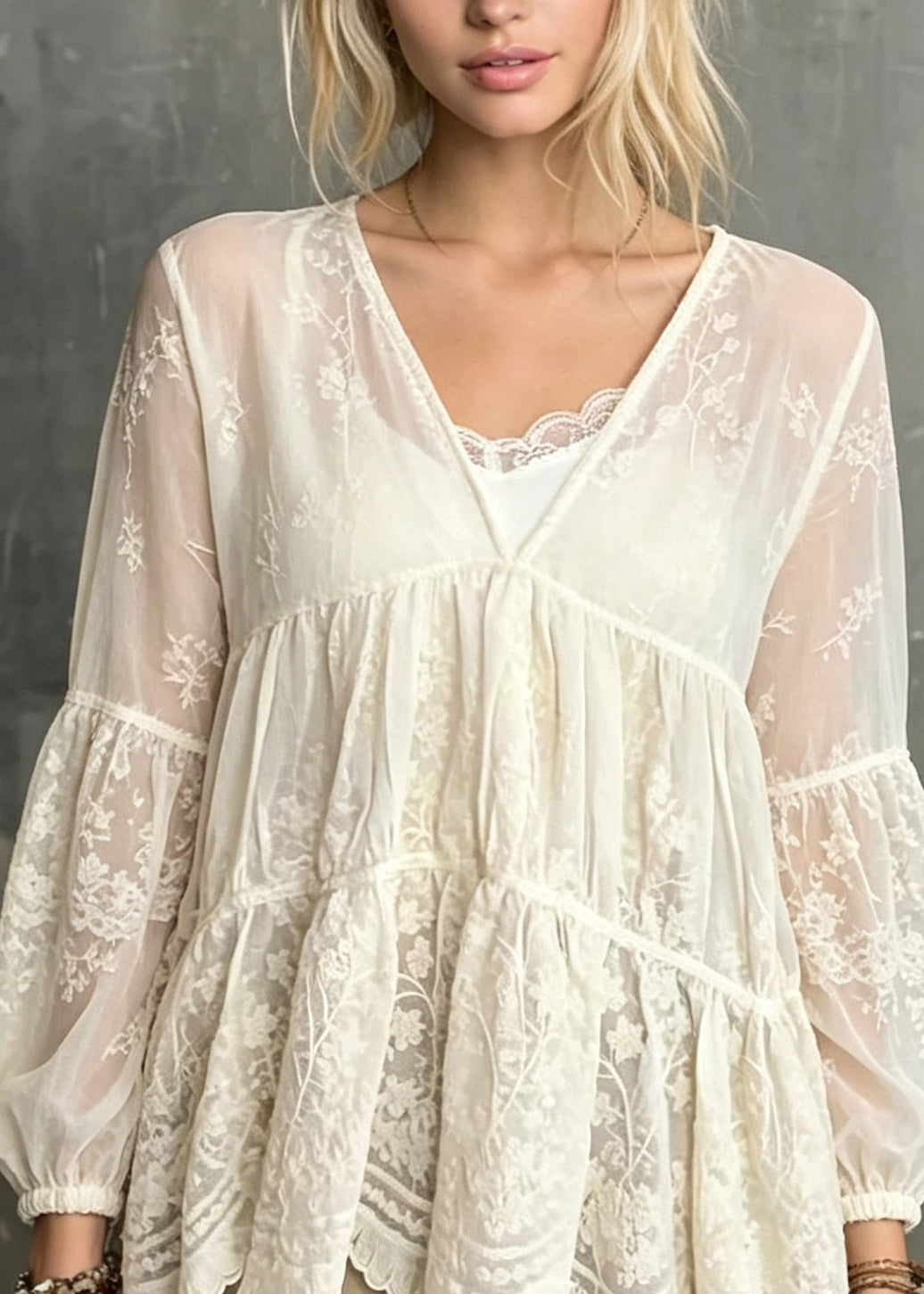 Chic Beige V Neck Embroidered Patchwork Lace Shirt Fall