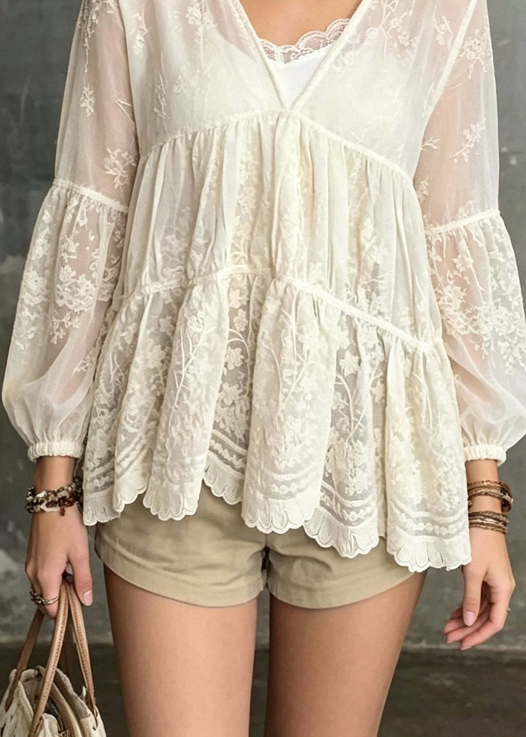 Chic Beige V Neck Embroidered Patchwork Lace Shirt Fall
