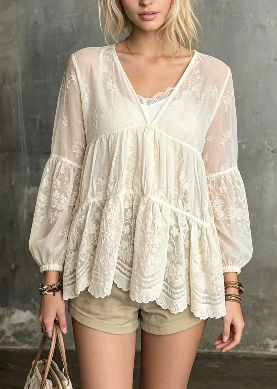 Chic Beige V Neck Embroidered Patchwork Lace Shirt Fall