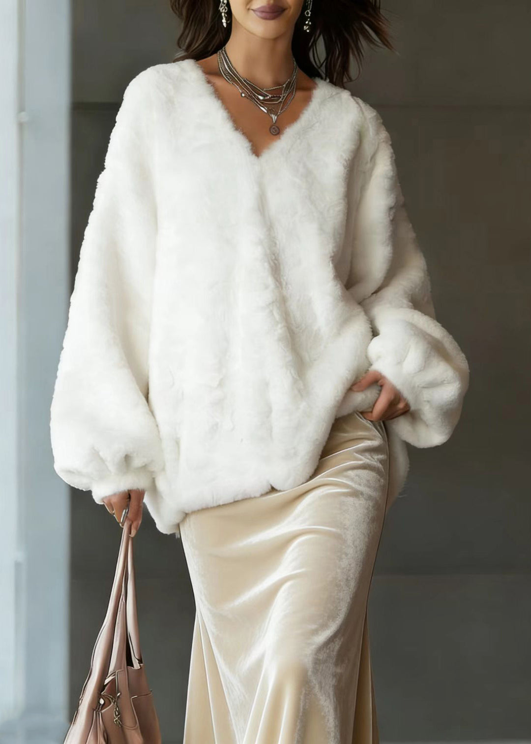 Chic Beige V Neck Fuzzy Fur Fluffy Tops Lantern Sleeve