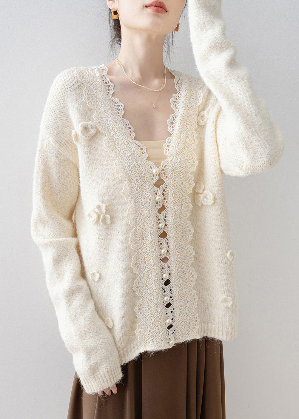 Chic Beige V Neck Lace Button Knit Cardigan Spring