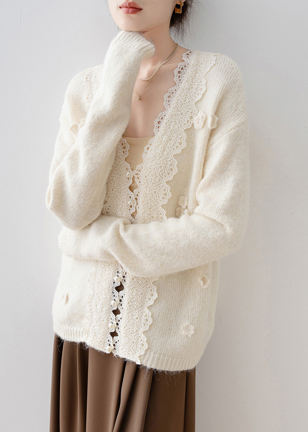 Chic Beige V Neck Lace Button Knit Cardigan Spring