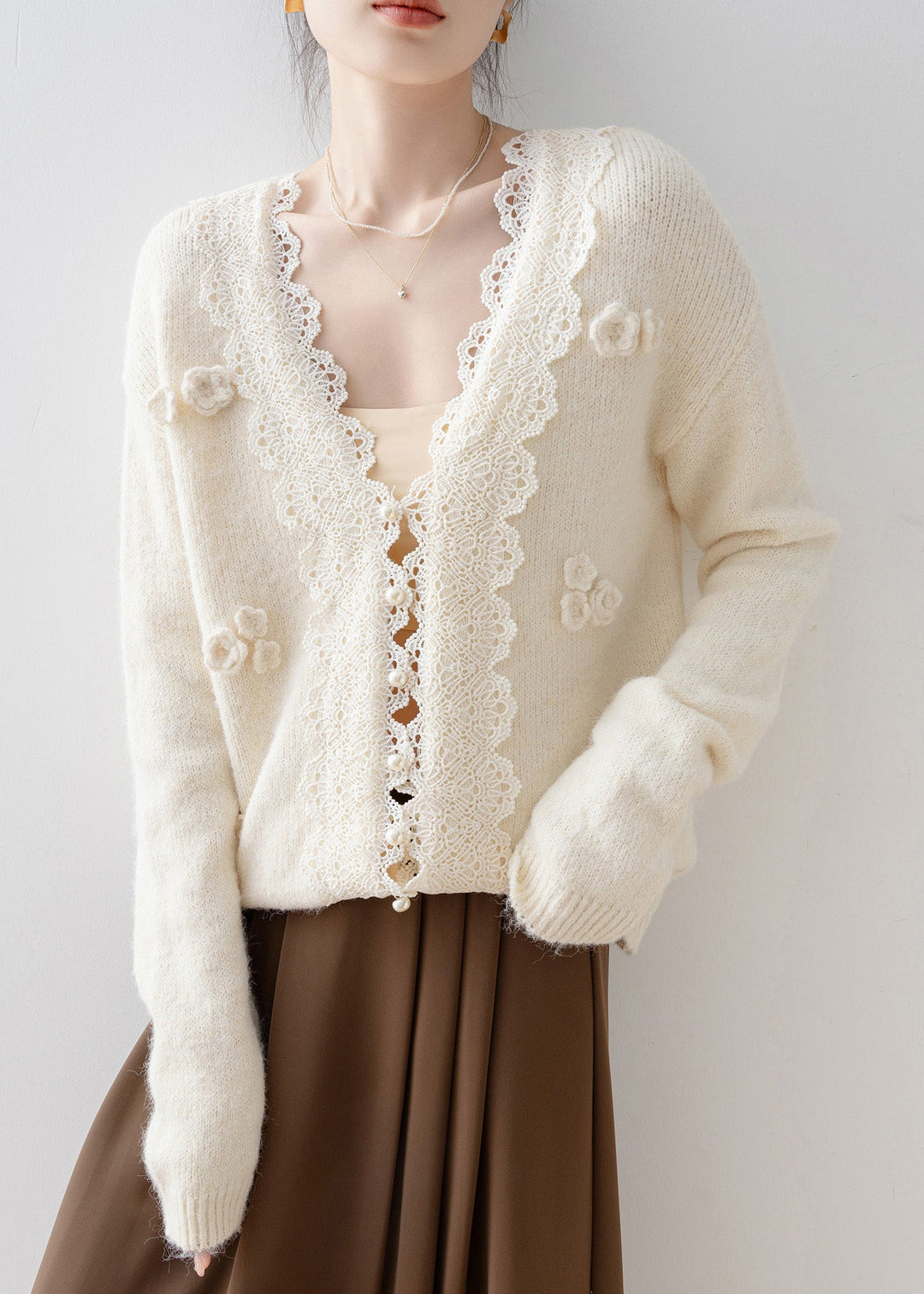 Chic Beige V Neck Lace Button Knit Cardigan Spring
