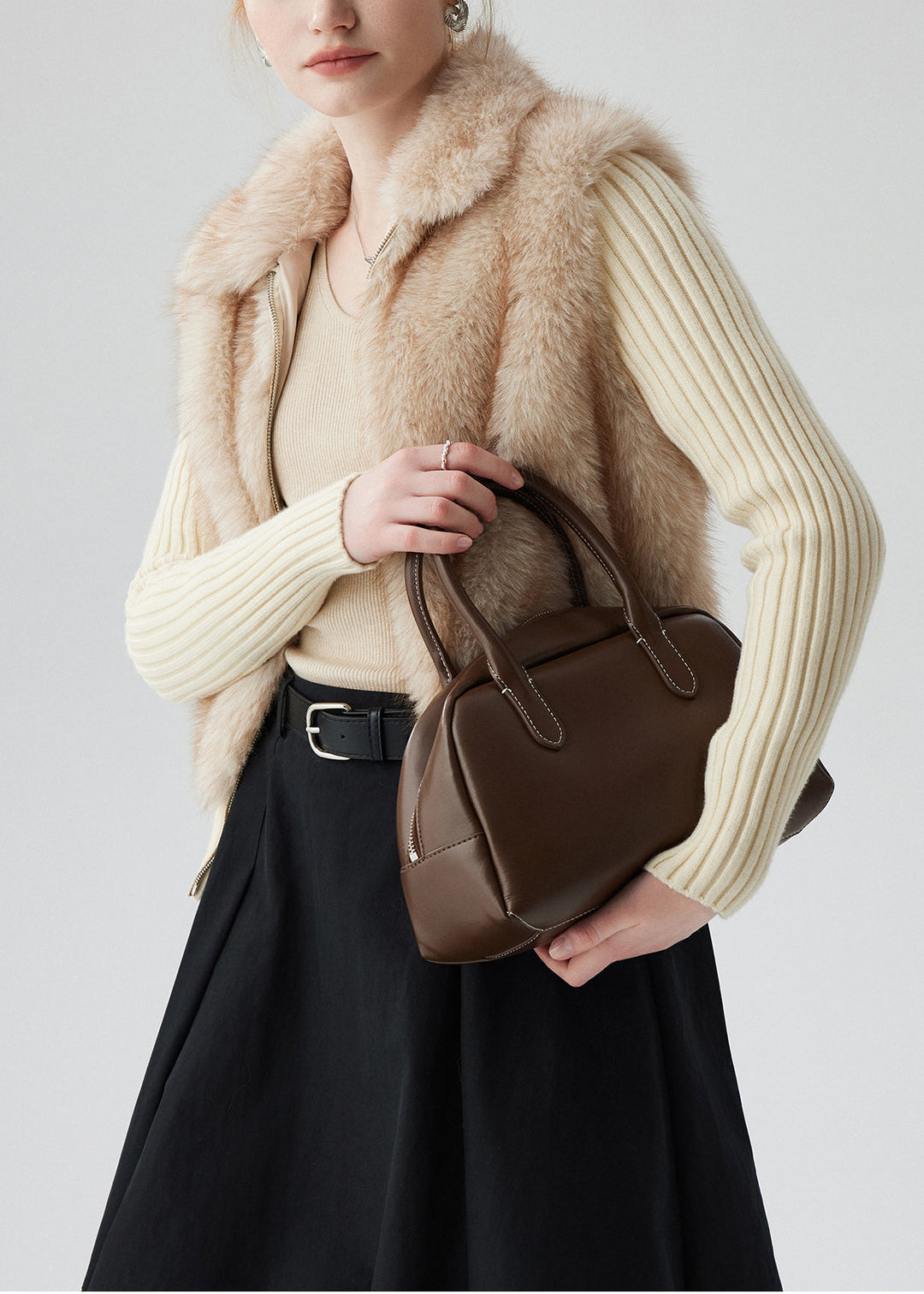 Chic Beige Zip Up Patchwork Faux Fox Fur Knit Coat Winter