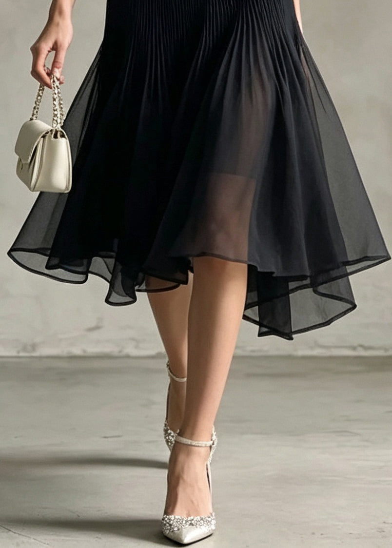 Chic Black Asymmetrical Patchwork Tulle Skirt Fall