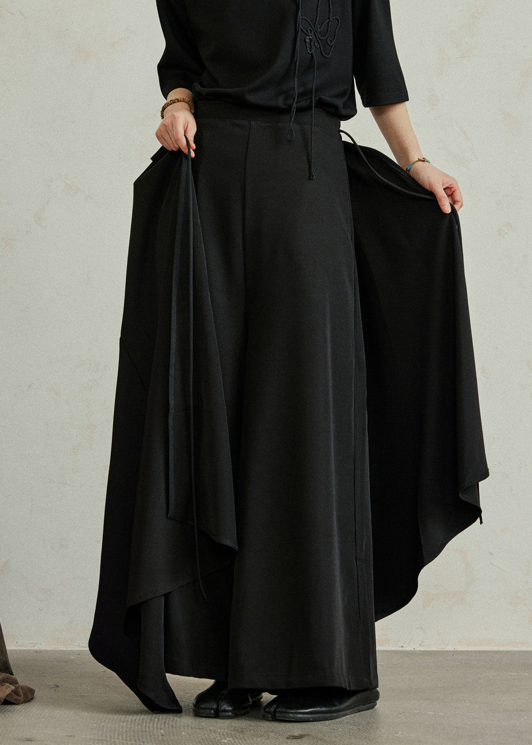 Chic Black Asymmetrical Pockets Patchwork Elastic Waist Pants Skirt