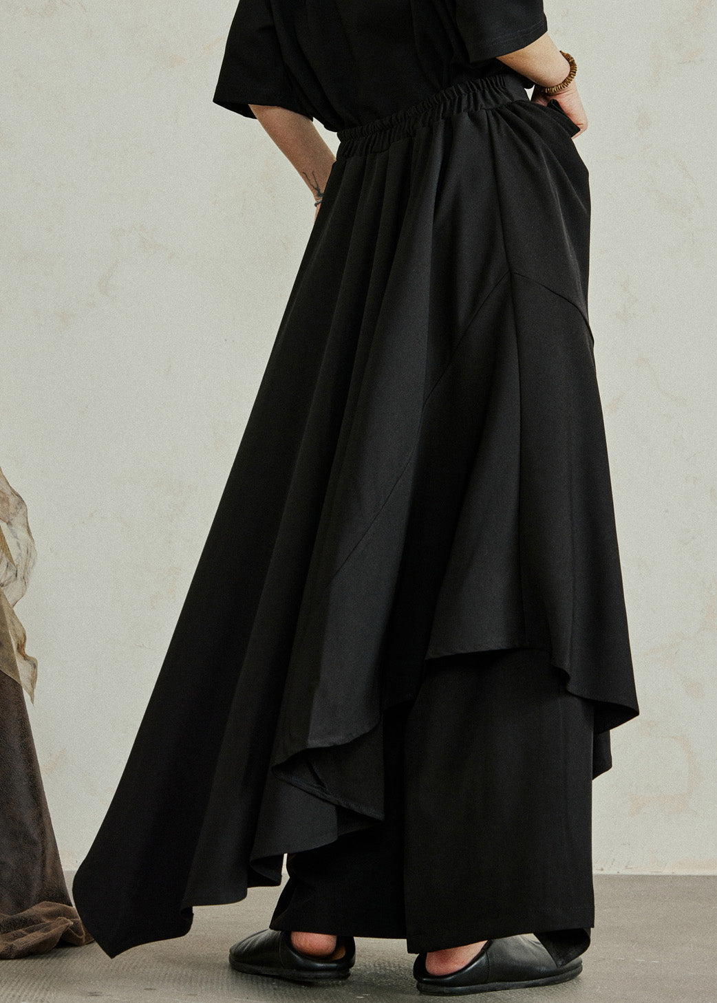 Chic Black Asymmetrical Pockets Patchwork Elastic Waist Pants Skirt