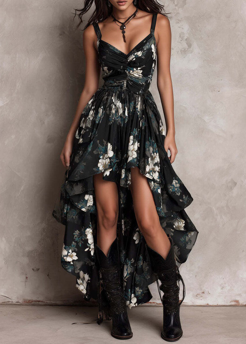 Chic Black Asymmetrical Print Cotton Spaghetti Strap Dress Summer