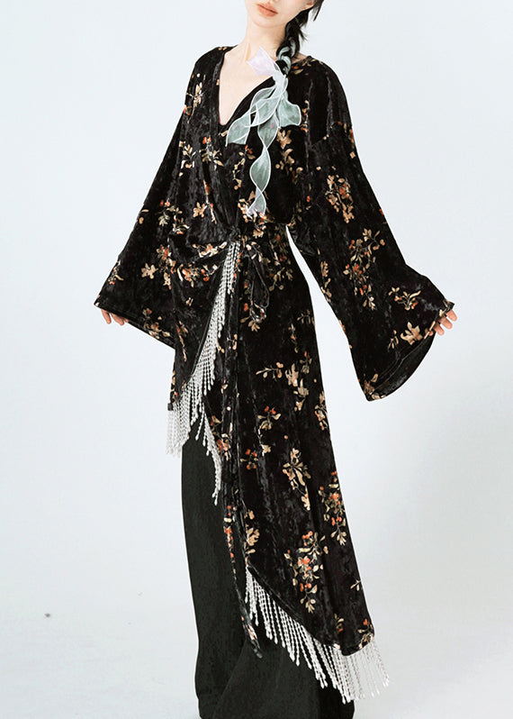 Chic Black Asymmetrical Print Lace Up Velour Silk Dress Spring