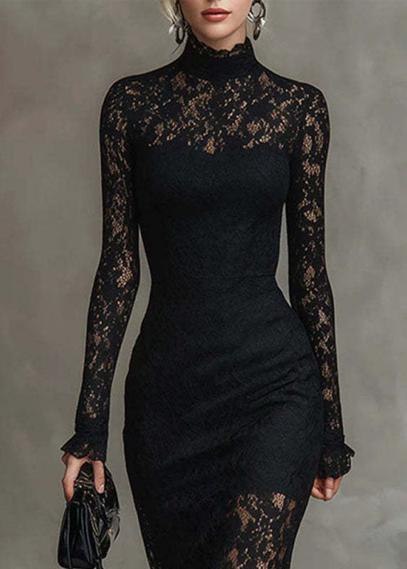 Chic Black Asymmetrical Slim Fit Lace Long Dress Fall