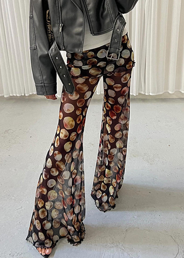 Chic Black Dot Print High Waist Tulle Flared Trousers Summer