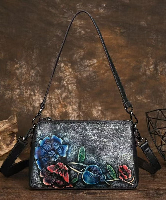 Chic Black Embossed Calf Leather CrossBody Bag