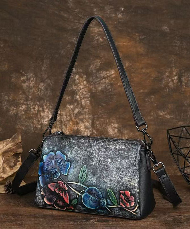 Chic Black Embossed Calf Leather CrossBody Bag