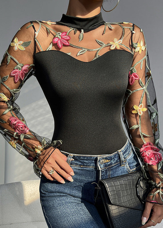 Chic Black Embroideried Hollow Out Tulle Bodysuit
