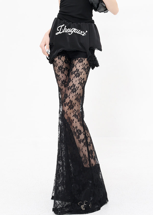 Chic Black False Two Pieces Patchwork Lace Flared Trousers Summer