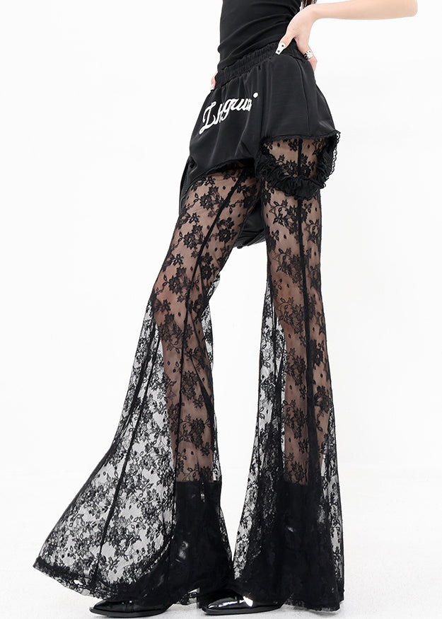 Chic Black False Two Pieces Patchwork Lace Flared Trousers Summer