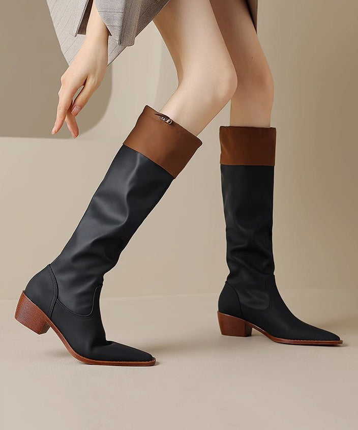 Chic Black Faux Leather Splicing Chunky Knee Boots