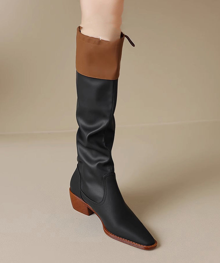 Chic Black Faux Leather Splicing Chunky Knee Boots