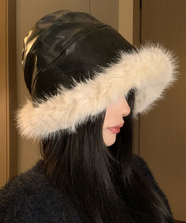 Chic Black Faux Leather Thick Warm Fleece Bucket Hat