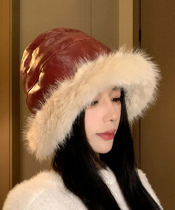 Chic Black Faux Leather Thick Warm Fleece Bucket Hat