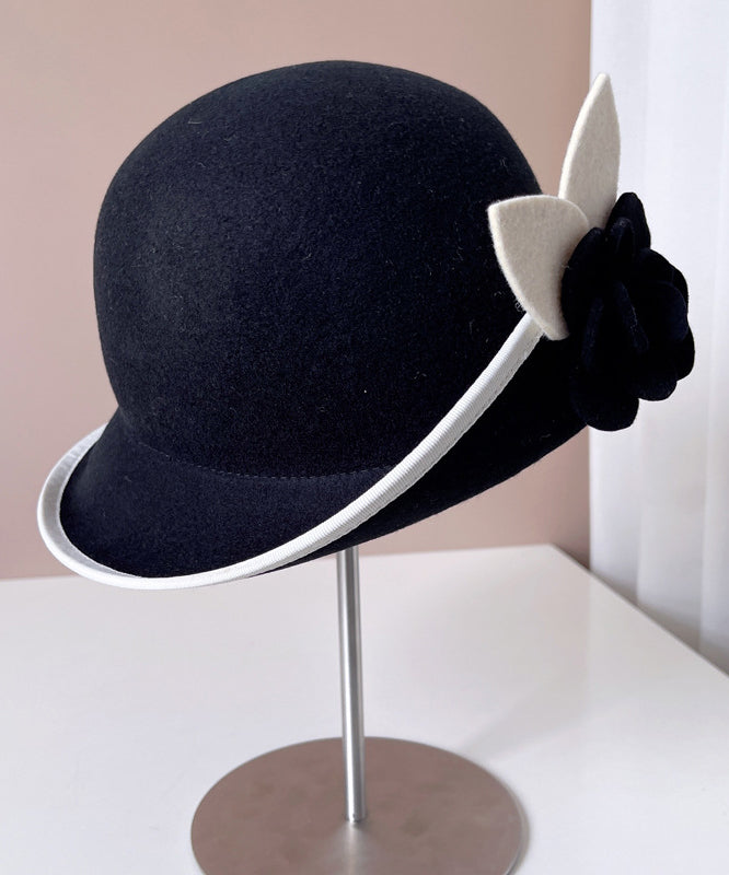 Chic Black Floral Cozy Woolen Bucket Hat